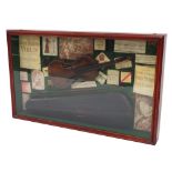 Rectangular pine glazed case displaying an old violin, bow case, fittings and violin ephemera, 25"