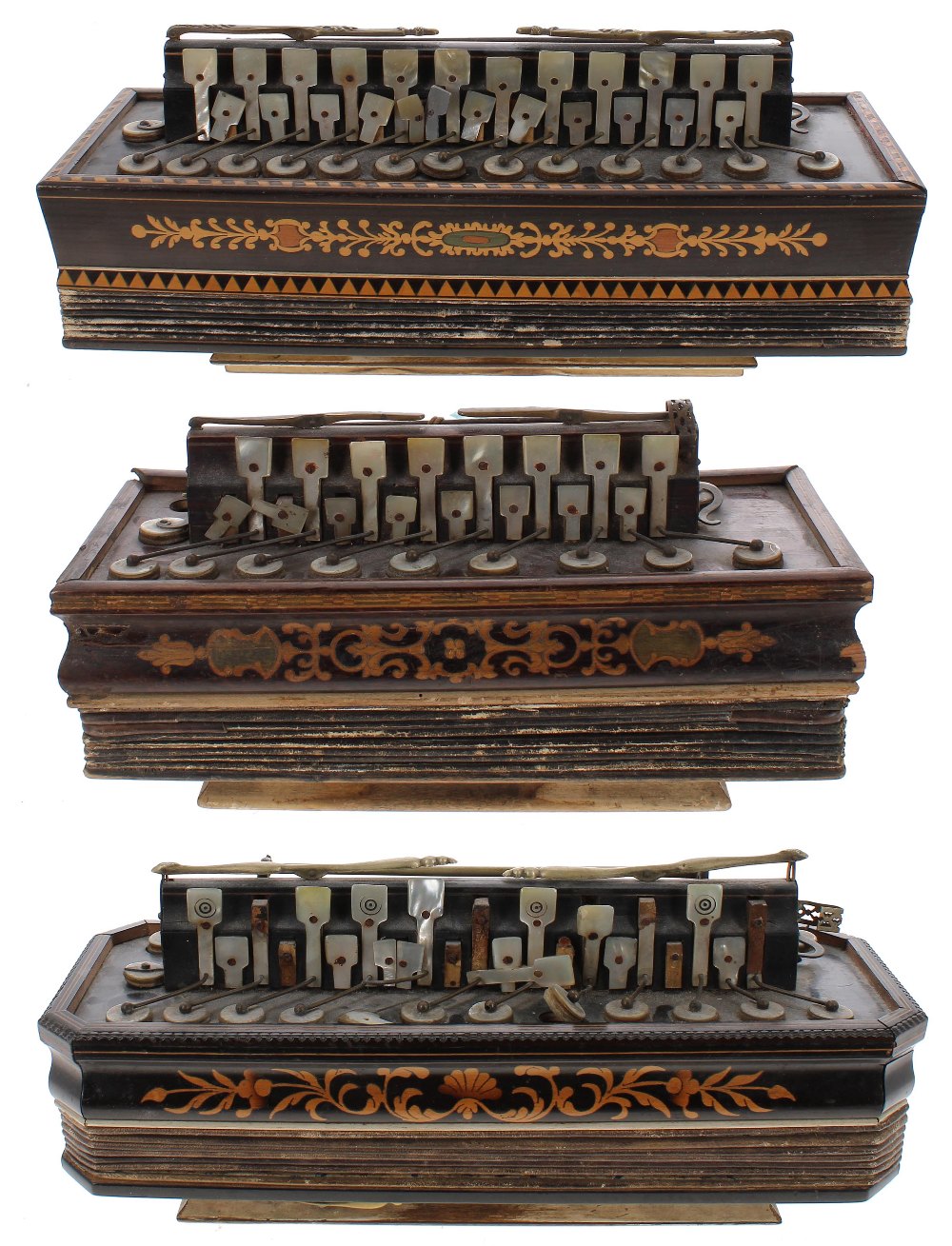 Three similar 19th century boxwood inlaid flutina accordions, all in need of some attention (3)