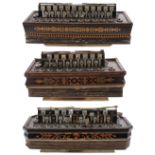 Three similar 19th century boxwood inlaid flutina accordions, all in need of some attention (3)