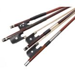 Two nickel mounted violoncello bows and two violin bows (4)