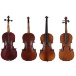 French Medio Fino three-quarter size violin in need of some restoration; also three other various