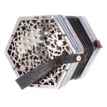 Three row Anglo concertina, with thirty-two bone buttons on pierced metal ends, five-fold bellows,