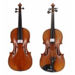 Early 20th century half size violin, 12 5/8", 32cm; also a German three-quarter size Stradivari copy