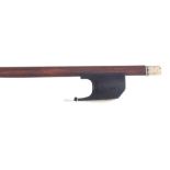 Interesting old violin bow, unstamped, with Baroque plain ebony frog and bone adjuster, 44gm (