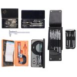 Group of modern draughtsman's tools and workshop measuring tools, all in cases and wallets (7)