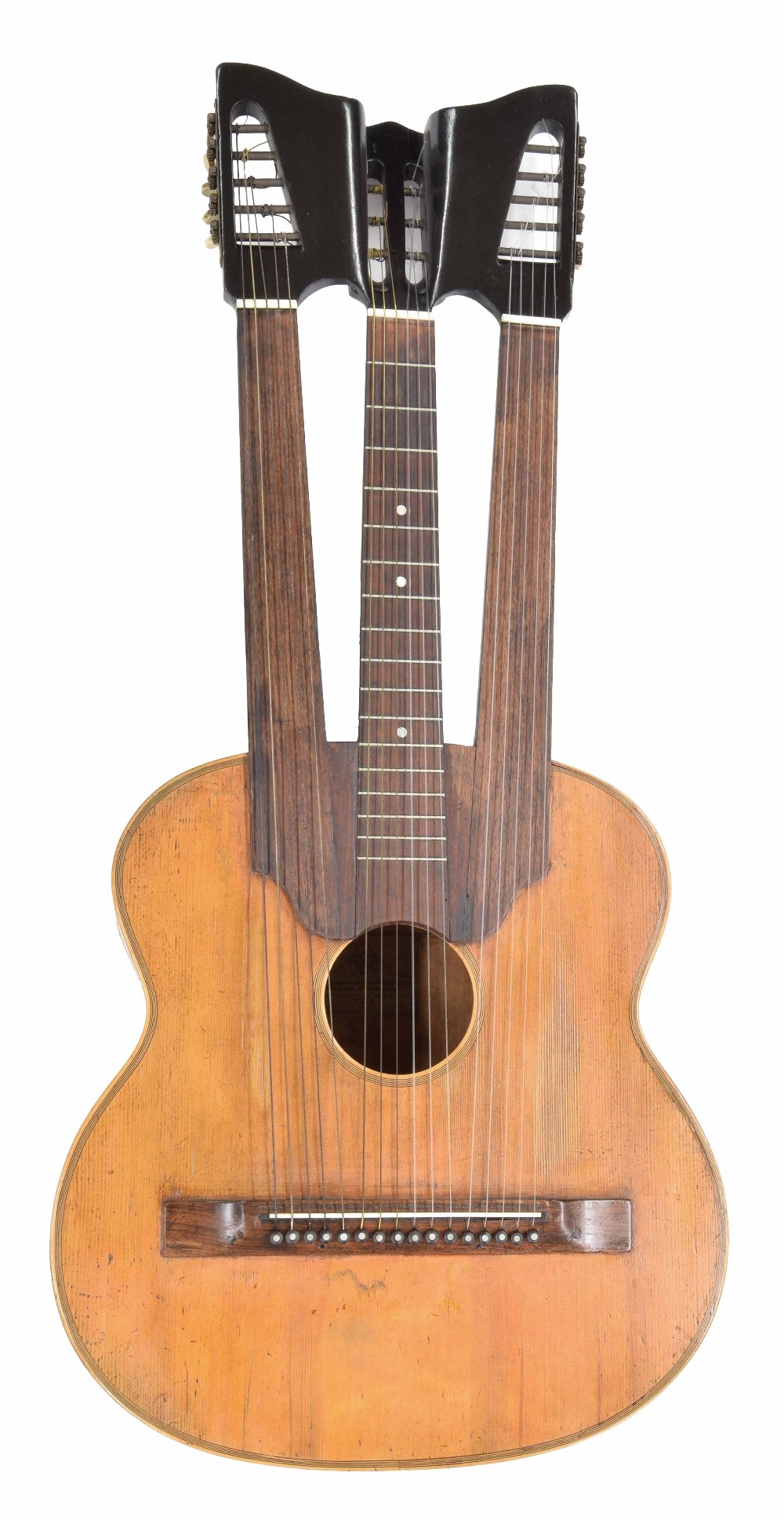 Triple-necked guitar in the style of Bernard Enzensperger, the one piece back and ribs of