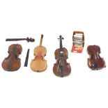 Two old full size and two old three-quarter size violins in need of restoration; also a small box of