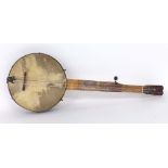 Rare six string fretless minstrel banjo, circa 1850, with geometric Tunbridge Ware inlay to the