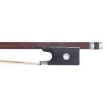 Silver mounted violin bow stamped Vuillaume, the stick round, the ebony frog inlaid with pearl