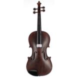 Late 19th century German violin, 14 1/4", 36.20cm, four bows, case