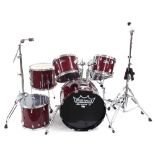 Six piece drum kit comprising a Remo Bravo 2 20" kick drum, a Premier 15" floor tom, a Remo Bravo