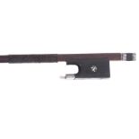 Silver mounted violin bow stamped Mauchard, the stick round, the ebony frog inlaid with pearl eyes