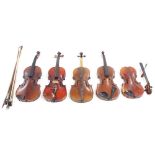 Five various old violins in need of some attention; also four various violin bows