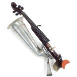 Good Stroviols practice violin with two aluminium horns, bow, case