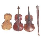 Two old full size violins, back and ribs of another violin and five various violin bows