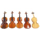 Five various old full size violins, mostly in need of some restoration (5)