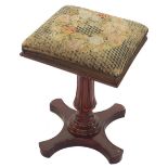 19th century mahogany music stool with square cushioned seat upon an acanthus carved support and