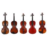 Three various contemporary full size violins, mid 20th century Bohemian three-quarter size violin