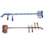 Decorative Chinese blue and white two string erhu fiddle; together with a similar four string fiddle
