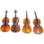 Four various old three-quarter size violins (4)
