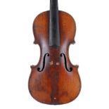 Late 19th century violin stamped Conservatory Violin Straduari to the back of the peg box, 14 3/16",