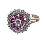 18ct ruby and diamond circular cluster ring, 13.5mm diameter, 3gm, ring size N