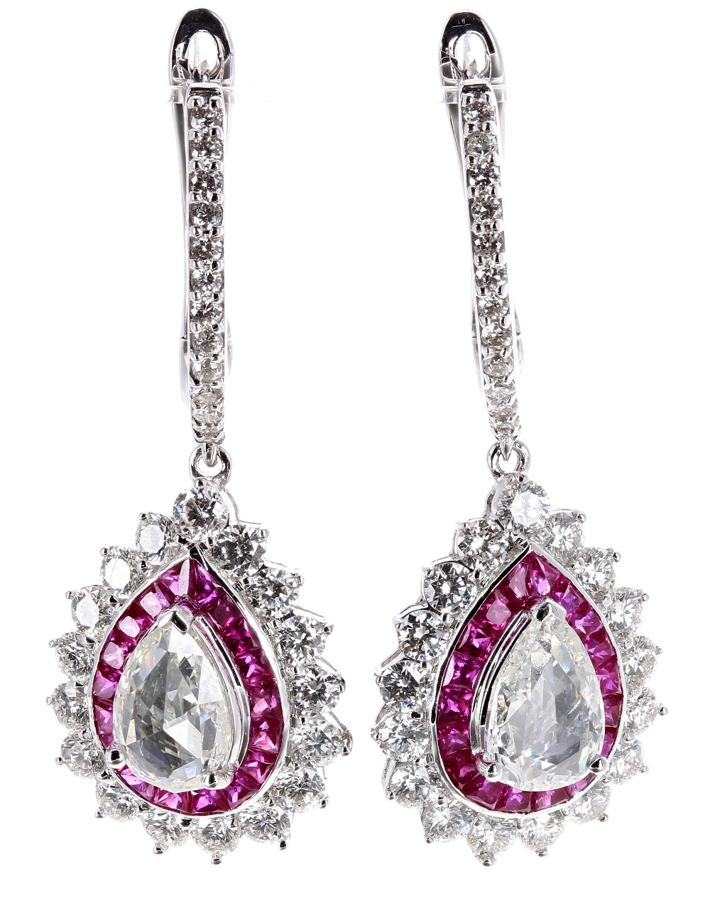 Superb pair of white gold ruby and diamond drop earrings, each with central pear shaped old-cut - Image 2 of 2