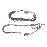 Two silver Albertina watch chains, 49.8gm, 14'' long and 11'' long approx (2)