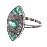 Art Deco style platinum marquise-shaped emerald and diamond dress ring, emeralds approx 0.75ct,