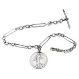 Silver figaro link watch Albert chain with T-bar, clasp