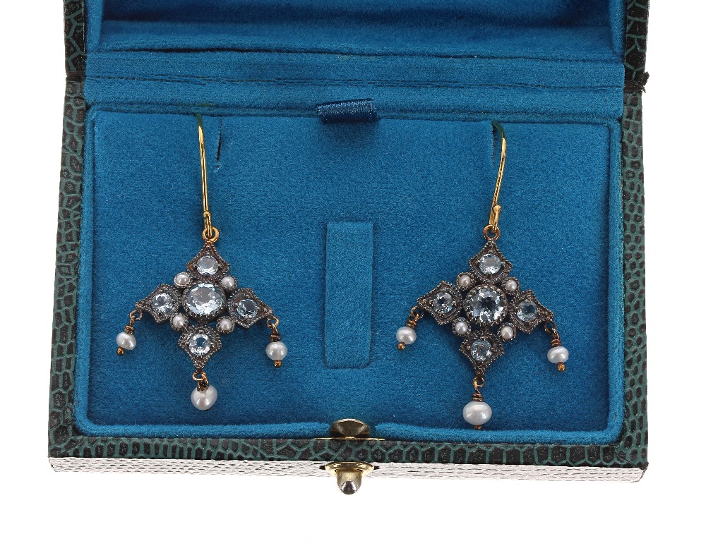 Pair of Victorian style ornate drop earrings, set with blue topaz, seed pearls and pearls, drop