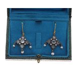 Pair of Victorian style ornate drop earrings, set with blue topaz, seed pearls and pearls, drop