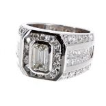 Impressive 14ct white gold diamond unisex dress ring, the emerald-cut centre diamond 1.25ct
