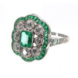 Fine quality large platinum emerald and old-cut diamond lobed cluster cocktail ring, emerald