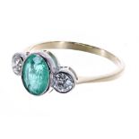 18ct emerald and diamond three stone ring, the emerald 1.20ct, with round brilliant-cut diamonds