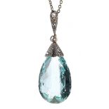 Aquamarine and diamond pear shaped pendant on a 14ct slender chain