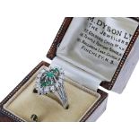 18ct white gold emerald and diamond marquise cluster ring, with three central round emeralds in a