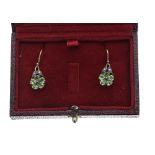 Pair of 19th century style flower design drop earrings, set with peridot petals and diamonds, hook