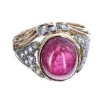 18ct gem set cabouchon and diamond ring (probably pink tourmaline)