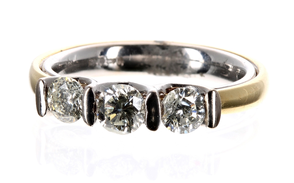 18ct bi-colour three stone diamond ring, 0.84ct approx, clarity I1, colour I-J, band width 4mm, 7.