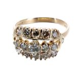 Fancy 18ct yellow gold triple row diamond ring, round brilliant-cuts, 1.73ct approx in total,