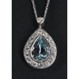 18ct white gold aquamarine and diamond pear shaped pendant on a slender necklace, the aquamarine 2.