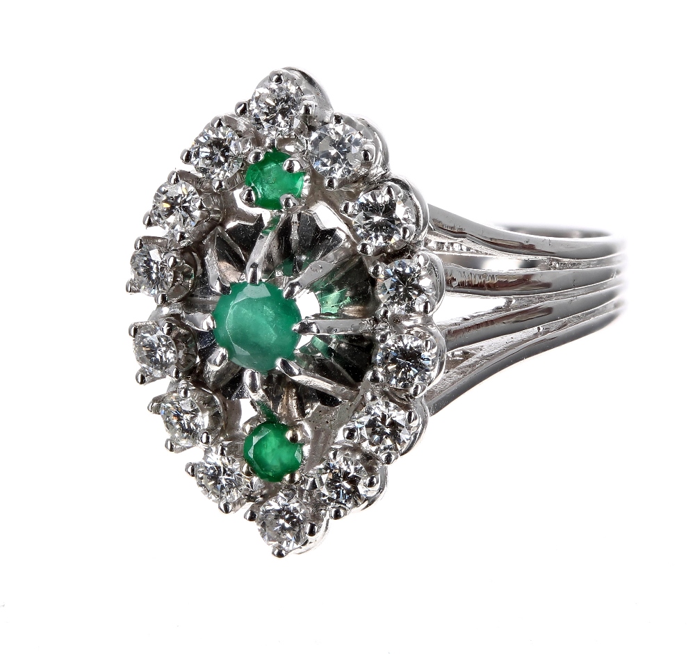 18ct white gold emerald and diamond marquise cluster ring, with three central round emeralds in a - Image 2 of 2