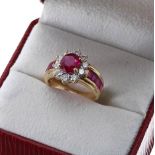Good quality 18ct ruby and diamond dress ring, central oval ruby of good colour, 1.24ct approx,