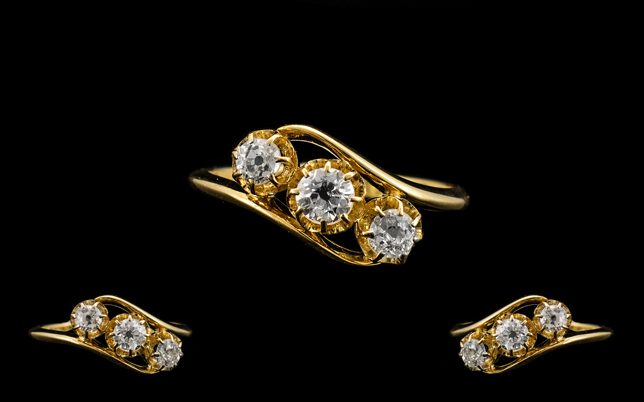 Antique Period - Attractive and Superb Quality 18ct Gold 3 Stone Diamond Ring.