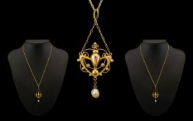 Victorian Period Attractive 9ct Gold Open Worked Pendant with Pearl Drop - attached to a 9ct gold