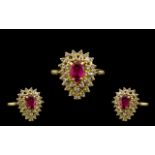 18ct Gold - Nice Quality Ruby and Diamond Set Cluster Ring.