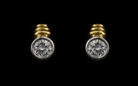 18ct Gold Contemporary Designed Pair of Good Quality Diamond Set Earrings, Rubbed Over Setting.