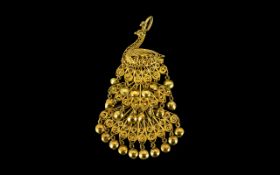 18ct Gold - Superb Quality Open Worked Moving Parts Pendant In The From of a Peacock. Marked 18ct.