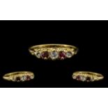 Antique Period - Attractive 18ct Gold Five Stone Ruby and Diamond Set Ring - Gallery Setting.